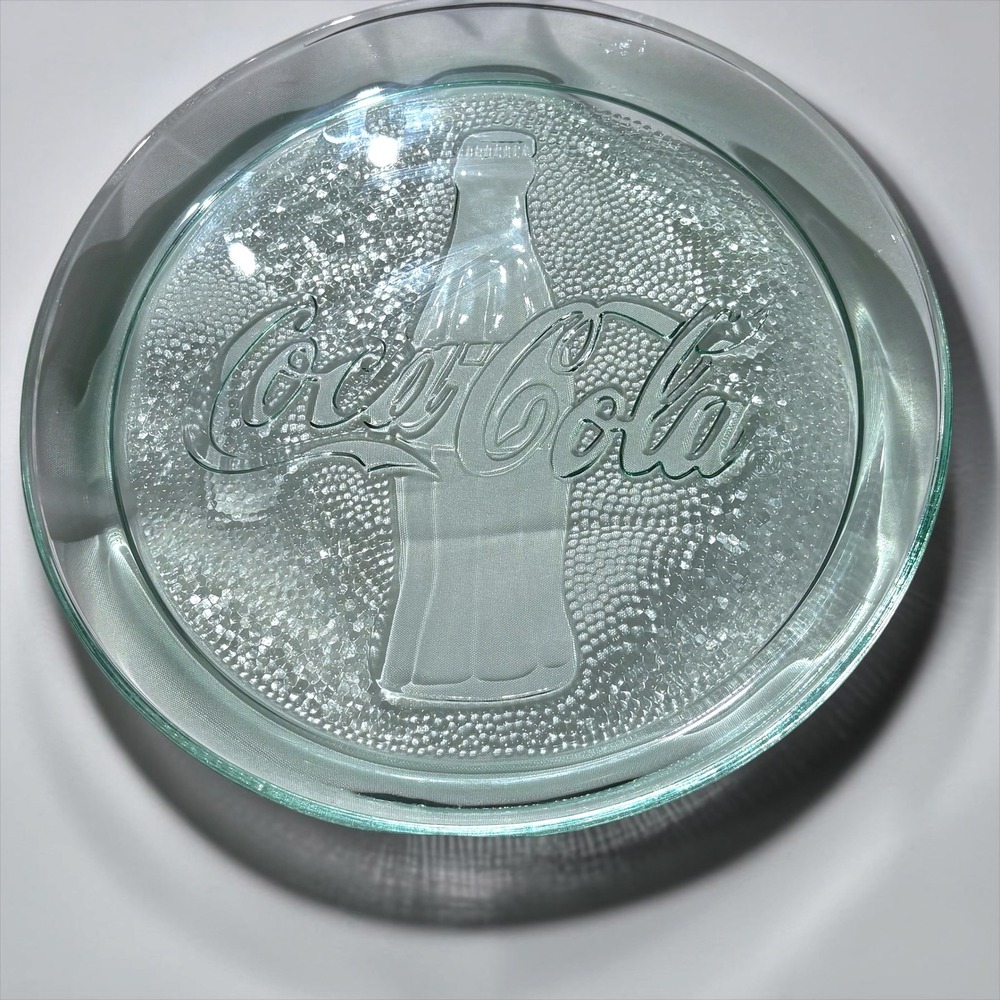 Vintage Coca-Cola Glass Tray Embossed Bottle Logo Green Tinted 13 Inch Round